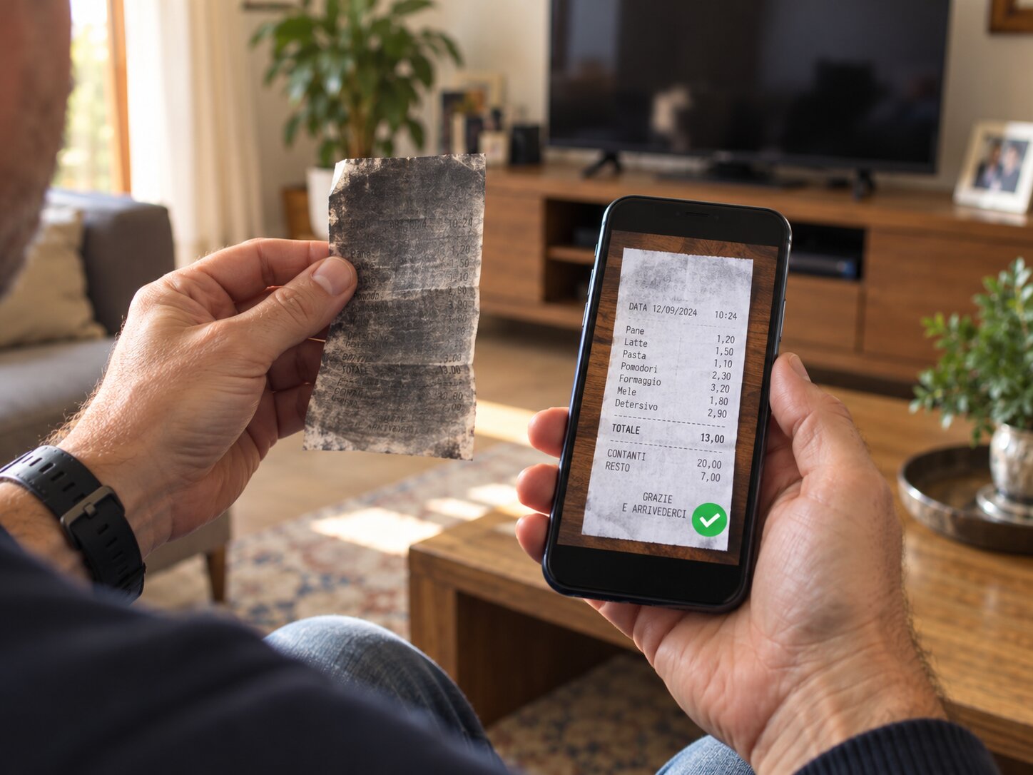 Un uomo confronta uno scontrino annerito con la copia leggibile fotografata sul telefono.