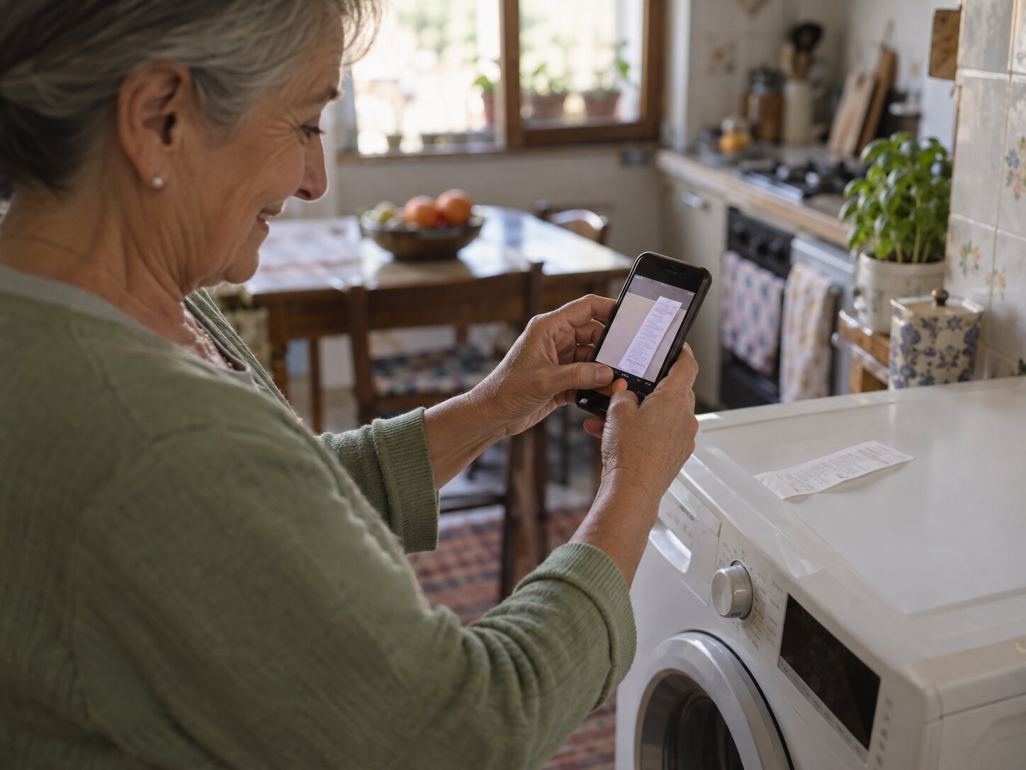 Una signora anziana fotografa con il telefono lo scontrino appoggiato sulla lavatrice.