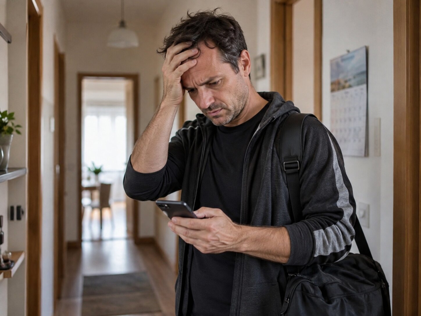 Un uomo con una borsa da palestra guarda preoccupato il telefono nel corridoio di casa.