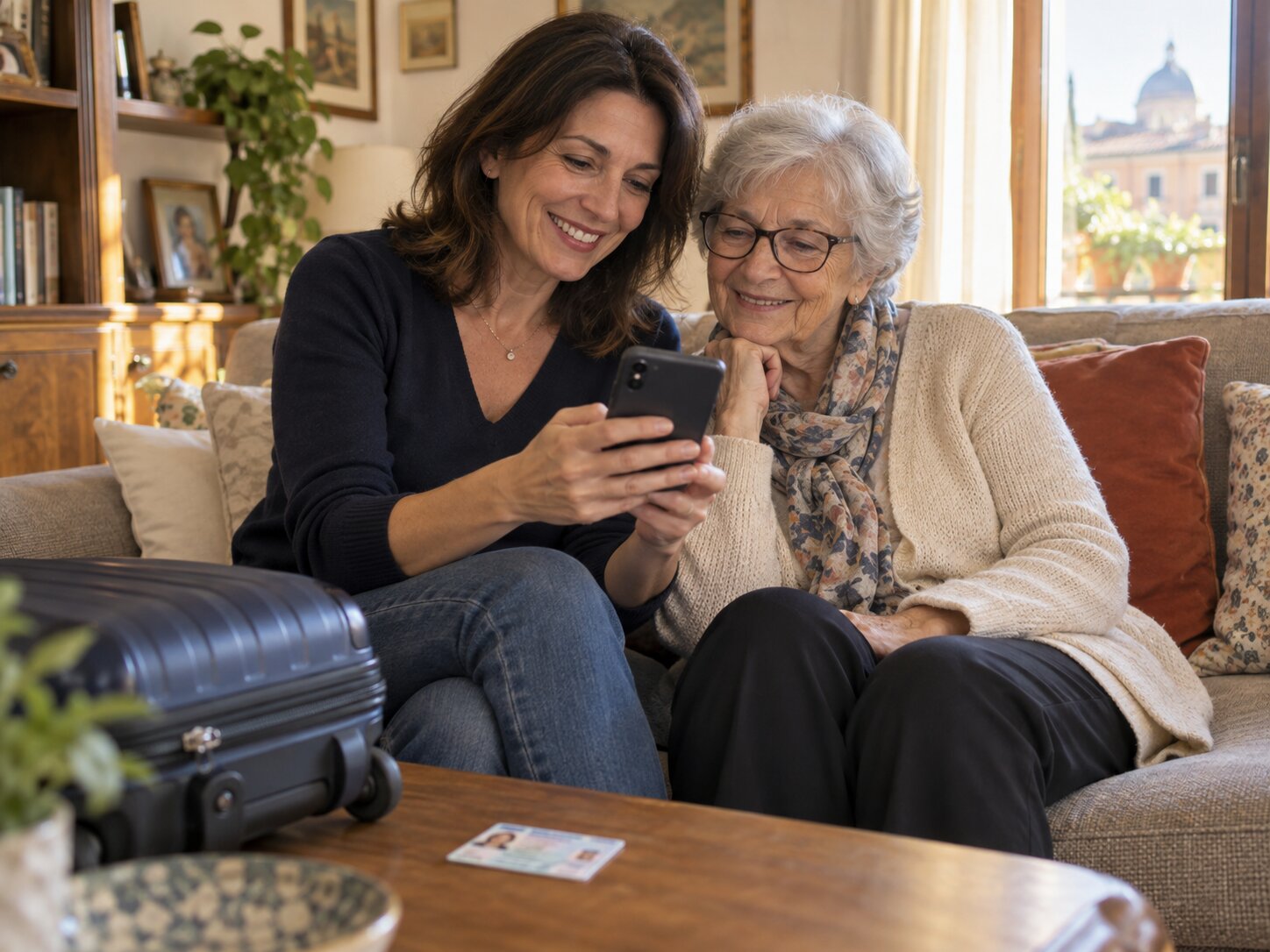 Madre e figlia sorridono guardando uno smartphone sul divano; davanti a loro ci sono una valigia e una carta d'identità.